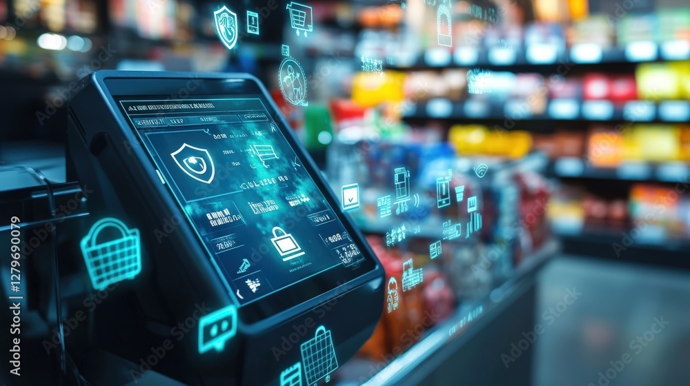 custom made wallpaper toronto digitalFuturistic point of sale system displaying cyber security interface with data and icons, ensuring secure transactions in a retail environment with shelves full of products