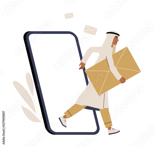 Male Courier Delivering Letters Through Smartphone In Flat Vector Illustration Symbolizing Online Mail, Digital Delivery, And Virtual Communication, Isolated On White Background