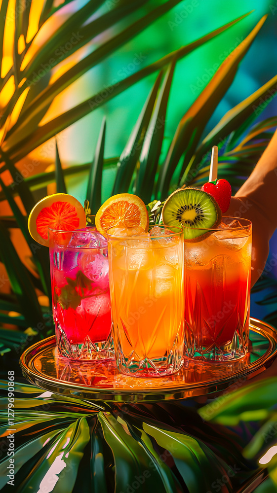 Fototapeta premium Bright refreshing tropical cocktails served on a golden tray. Summer vibes and vibrant colors. 
