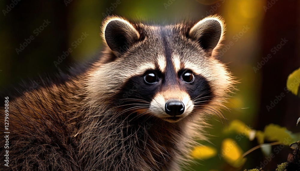 Raccoon in the forest during golden hour, showcasing curiosity and playful nature Raccoon in the forest during golden hour, showcasing curiosity and playful nature