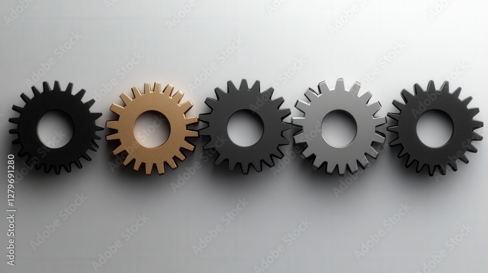 Close-up view of interlocking gears in varying colors on a smooth surface, symbolizing teamwork and mechanics Close-up view of interlocking gears in varying colors on a smooth surface, symbolizing teamwork and mechanics
