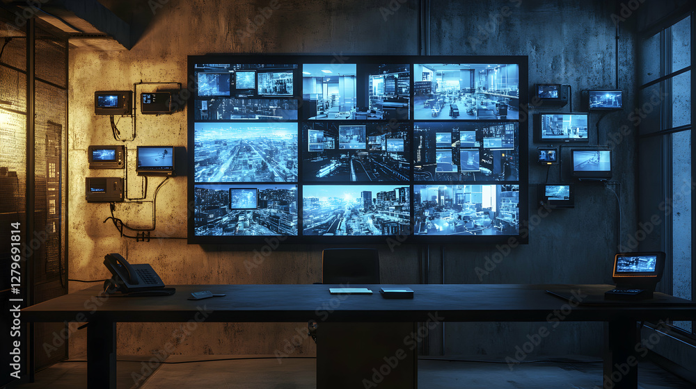 A High-Tech Security Surveillance Room Featuring Multiple Screens Displaying City Views, Corporate Interiors, and Advanced Monitoring Systems in a Dark, Modern Setting A High-Tech Security Surveillance Room Featuring Multiple Screens Displaying City Views, Corporate Interiors, and Advanced Monitoring Systems in a Dark, Modern Setting