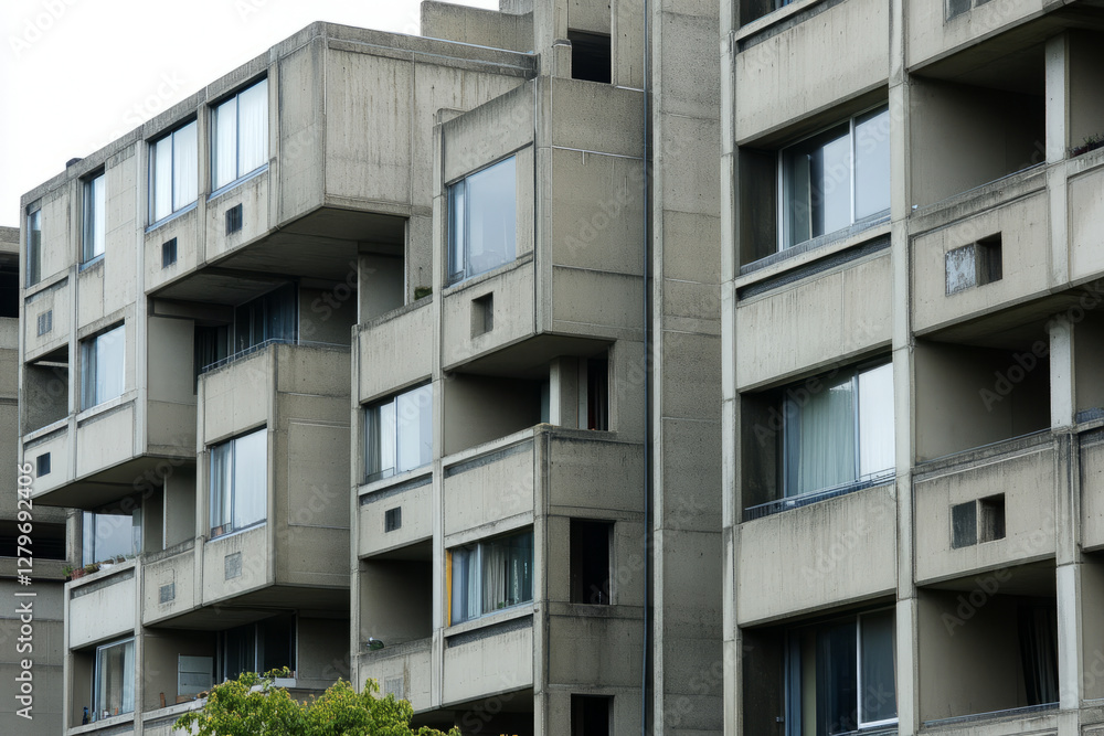 A towering brutalist apartment complex with concrete balconies, large square windows, and minimalist urban surroundings. A towering brutalist apartment complex with concrete balconies, large square windows, and minimalist urban surroundings.