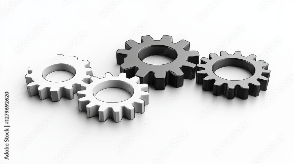 Four interlocking gears in contrasting colors on a clean white background, symbolizing teamwork Four interlocking gears in contrasting colors on a clean white background, symbolizing teamwork