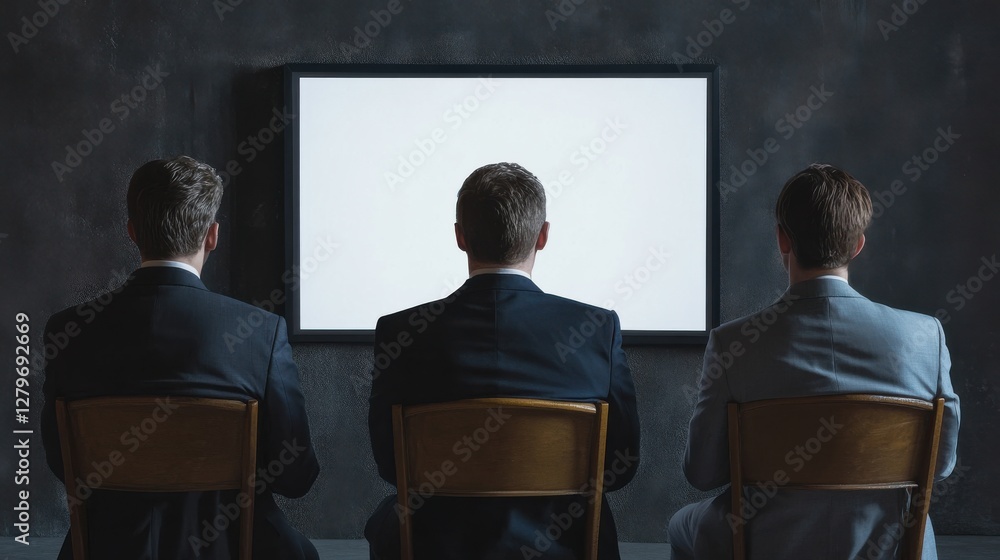 Obraz premium Professionals engaged in a presentation while seated in a dark room with a blank screen