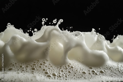 Close up photograph showing dense bubbly white foam on black