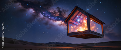 Surreal floating house in cosmic void, dreamlike real estate