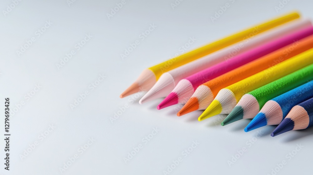 Naklejka premium Colorful pencils arranged on white background, art supplies, creativity