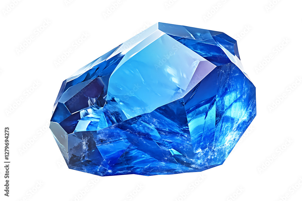A large, polished blue gemstone with facets reflecting light. A large, polished blue gemstone with facets reflecting light.