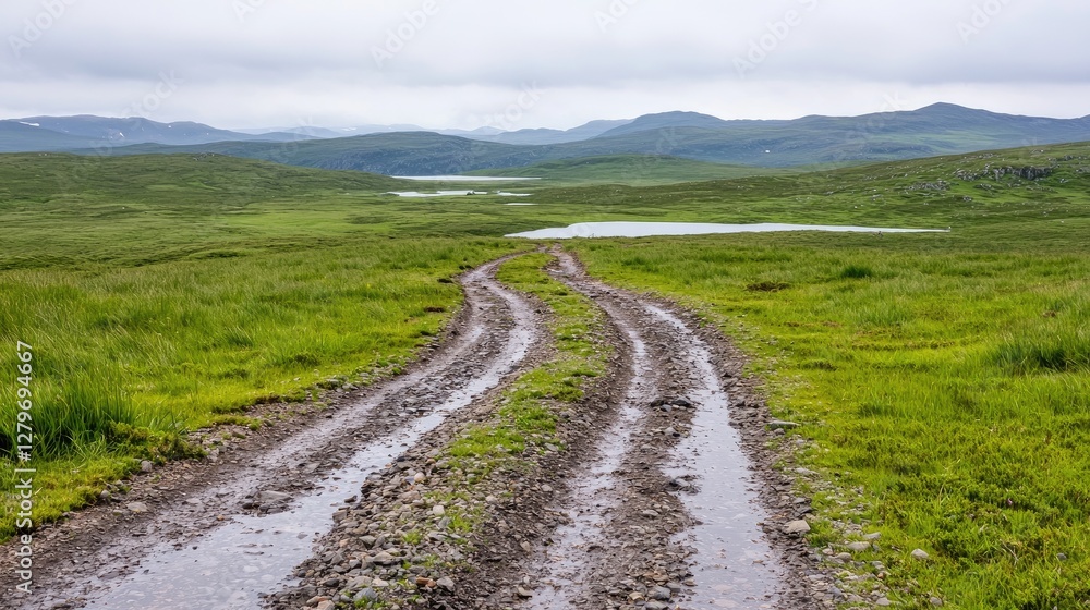 Rural dirt road leading to a mountain lake under overcast skies. Possible use stock photo Rural dirt road leading to a mountain lake under overcast skies. Possible use stock photo