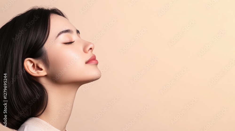 Naklejka premium Profile of beautiful young asian woman with closed eyes, perfect skin and light pink lipstick is posing on beige background with copy space