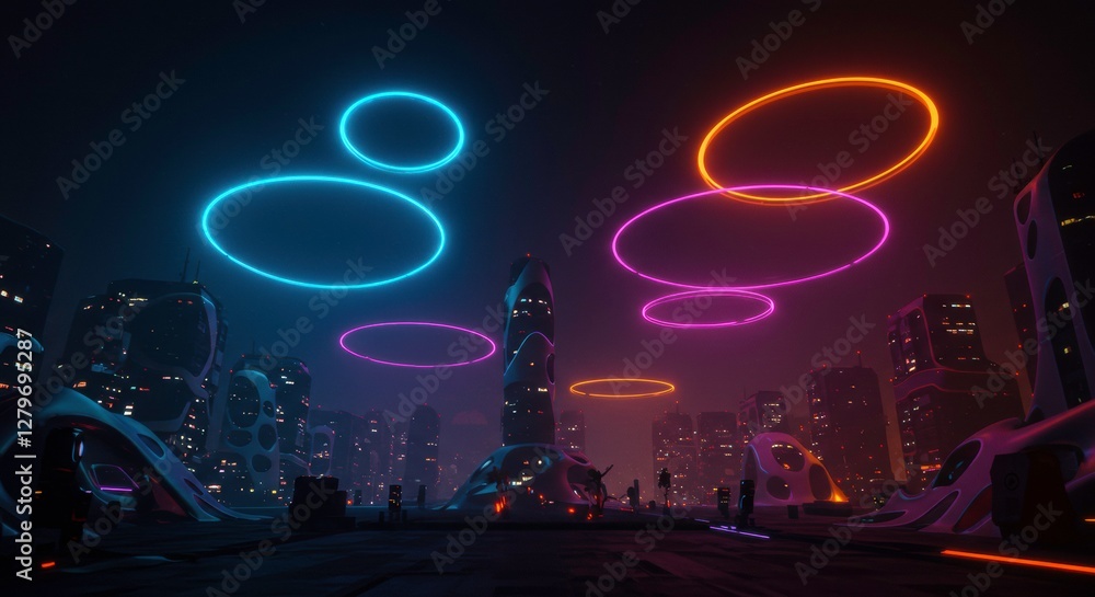 Cyberpunk Cityscape with Neon Rings: A futuristic cityscape at night, illuminated by vibrant neon rings and lights, creating a mesmerizing spectacle of technology and urban design. Cyberpunk Cityscape with Neon Rings: A futuristic cityscape at night, illuminated by vibrant neon rings and lights, creating a mesmerizing spectacle of technology and urban design.