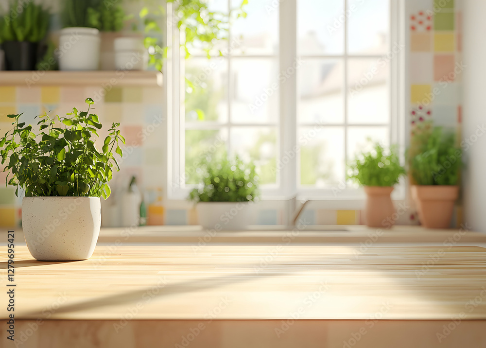 Bright Kitchen Interior with Potted Herbs and Sunlight, A Serene and Inviting Space, Perfect for Lifestyle, Food, and Home Decor Photography and Editorial Uses Bright Kitchen Interior with Potted Herbs and Sunlight, A Serene and Inviting Space, Perfect for Lifestyle, Food, and Home Decor Photography and Editorial Uses