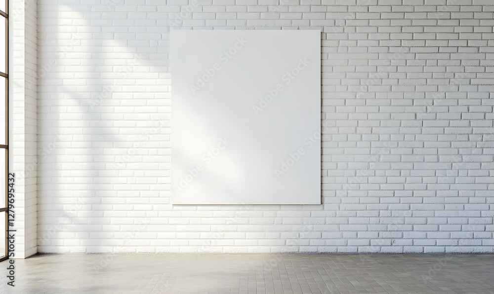 Bright, minimalist room interior with sunlight streaming in, featuring a blank white canvas on a textured brick wall, ideal for showcasing artwork or designs