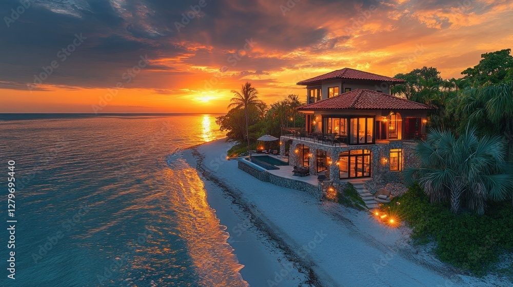 At sunset, a stunning beachfront home in Saint Pete Beach, Florida, lies on the water. Palm trees surround it At sunset, a stunning beachfront home in Saint Pete Beach, Florida, lies on the water. Palm trees surround it