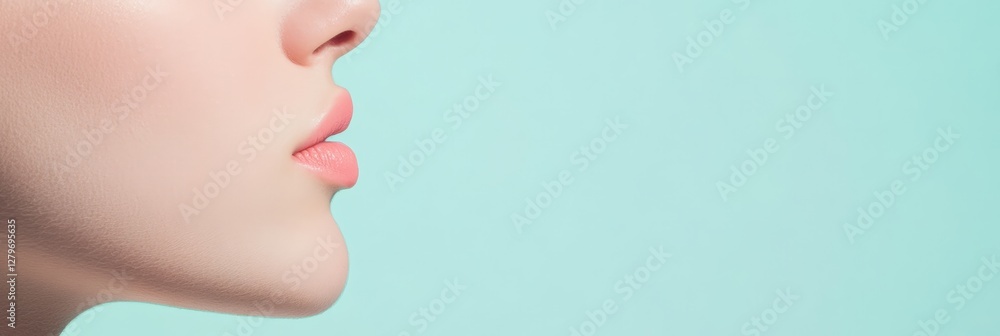Close up of female lower face highlighting plump, full lips and perfect teeth, suggesting cosmetic enhancements or dental work, against a turquoise background promoting beauty and health Close up of female lower face highlighting plump, full lips and perfect teeth, suggesting cosmetic enhancements or dental work, against a turquoise background promoting beauty and health