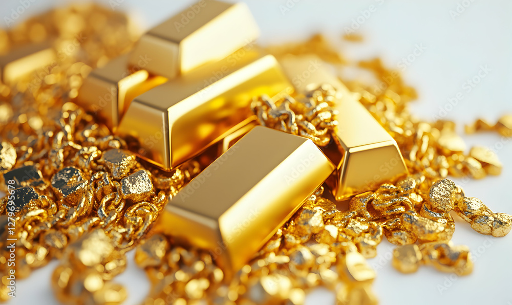 Captivating close-up of gleaming gold bars and nuggets, symbolizing wealth, prosperity, and investment opportunities, showcasing the allure of precious metals Captivating close-up of gleaming gold bars and nuggets, symbolizing wealth, prosperity, and investment opportunities, showcasing the allure of precious metals