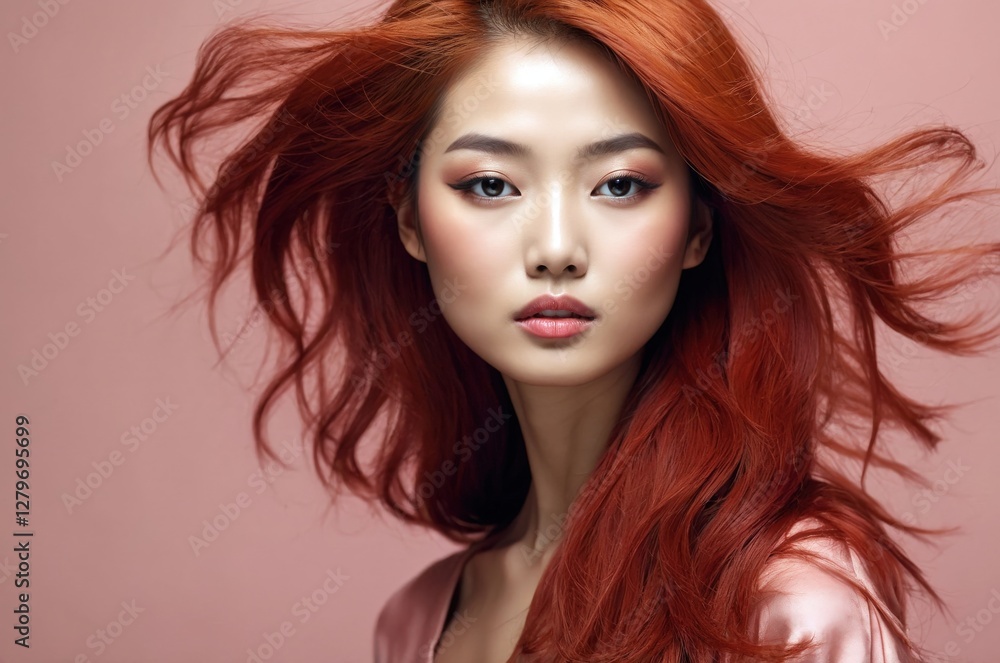 Naklejka premium Beautiful confident photo model showcases vibrant makeup against a pastel color background in a studio setting, people and skincare, fashion theme concept.
