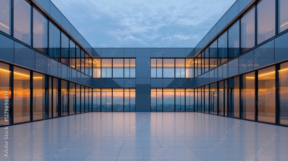 Fototapeta premium Modern city office courtyard at sunset, urban view