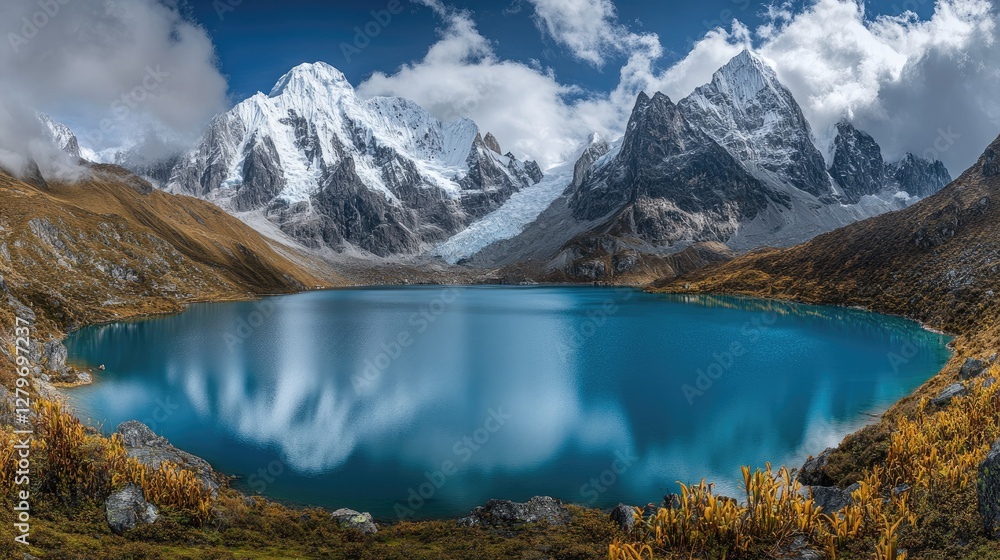 Fototapeta premium A blue glacial lake surrounded by rugged mountain peaks, pure and untouched with ample space.