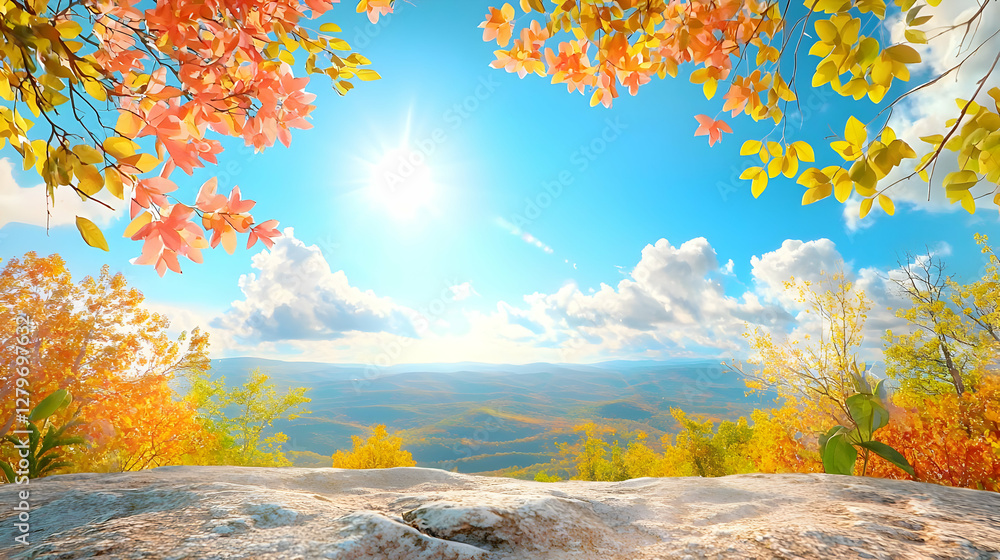 Fototapeta premium Vibrant autumn foliage frames a sunny mountain vista under a clear blue sky.