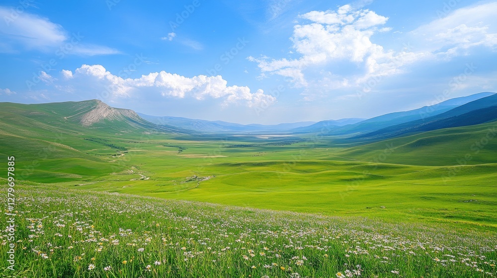 A bright green valley with scattered wildflowers under a clear blue sky, spacious for copy. A bright green valley with scattered wildflowers under a clear blue sky, spacious for copy.