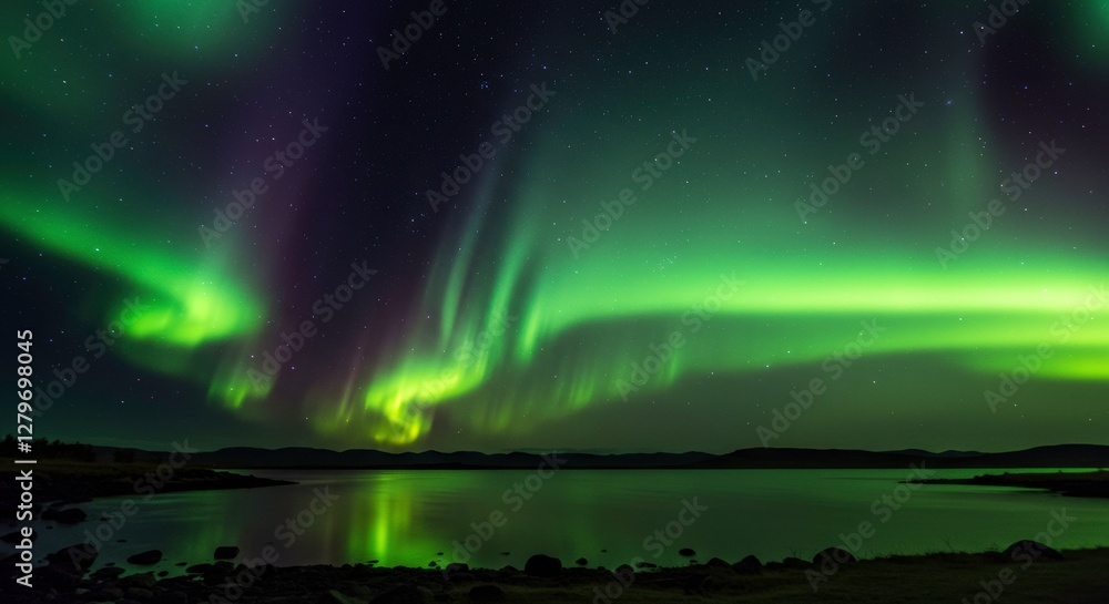 Naklejka premium Aurora Borealis Over Lake: Witness the ethereal dance of the Aurora Borealis.