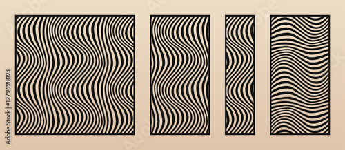 Vector set of trendy laser cut panels. Stencils with geometric pattern, liquid lines, fluid wavy stripes. Template for CNC cutting of wood, metal, plywood, paper. Aspect ratio 1:1, 1:4, 1:2, 3:2