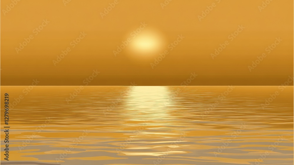 Fototapeta premium A calm ocean scene with golden sunlight reflecting off the water, smooth horizon line providing ample copy space.