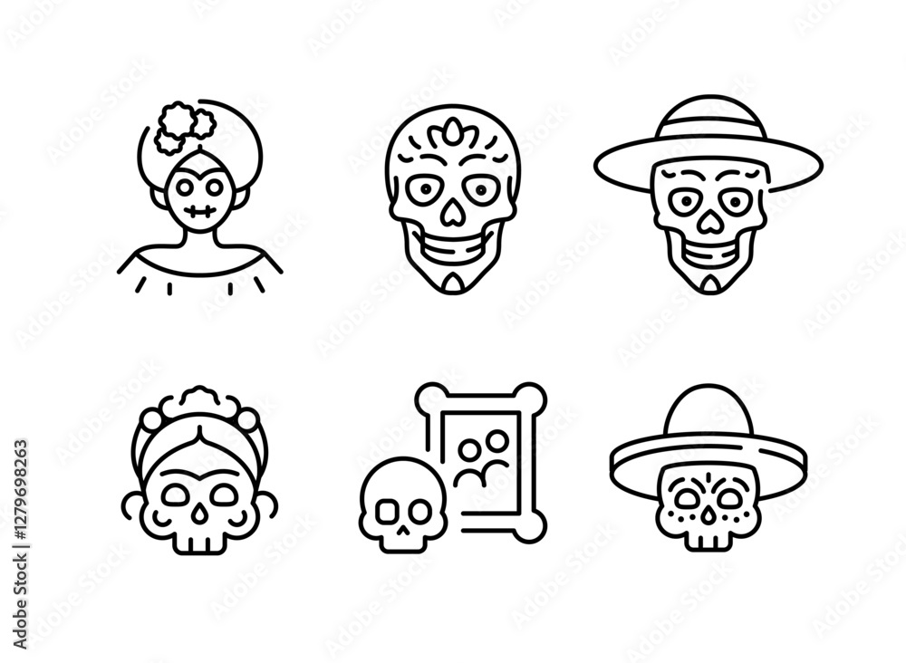 Fototapeta premium Dia de Muertos icons. Set of 6 Day of the Dead-themed trendy minimal icons. Sugar Skull, Marigold Flower, Sombrero, Skull Candle icon. Design signs for web pages, apps. Vector illustration
