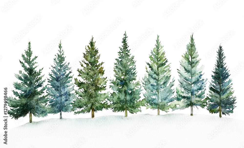 Obraz premium Serene Winter Landscape with a Row of Evergreen Pine Trees Adorned with Snow, Isolated on Transparent and White Background