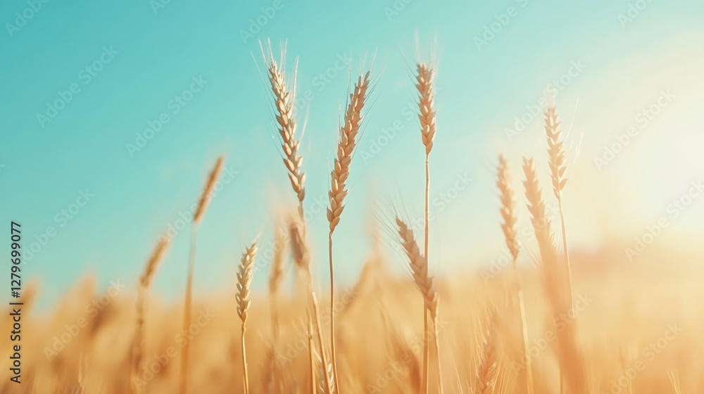 Ripe golden wheat stalks are swaying gently in the breeze under a clear turquoise sky, illuminated by the warm glow of the setting sun, creating a serene and picturesque agricultural landscape Ripe golden wheat stalks are swaying gently in the breeze under a clear turquoise sky, illuminated by the warm glow of the setting sun, creating a serene and picturesque agricultural landscape