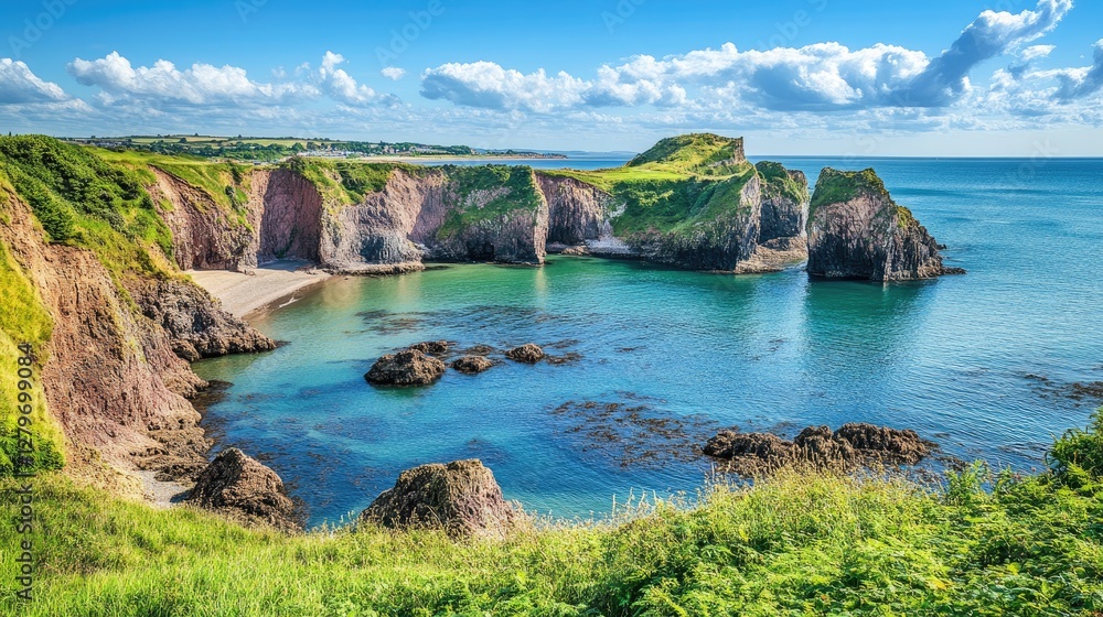 Fototapeta premium A deep coastal bay with dramatic cliffs and a secluded beach nestled in the cove.