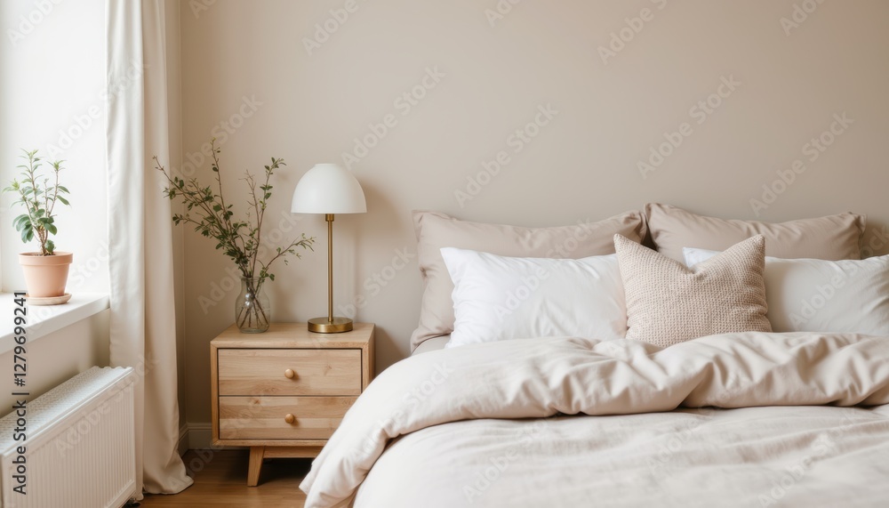 Fototapeta premium Cozy Minimalist Bedroom with Neutral Tones and Soft Textiles for Relaxation and Comfort