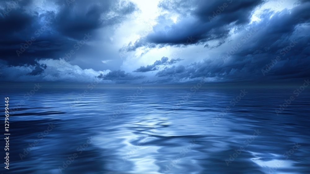 Fototapeta premium A dramatic ocean scene with storm clouds above, dark blue water reflecting the moody sky.
