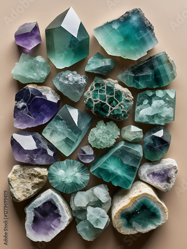 natural specimens of uncut fluorite rocks cutout photo