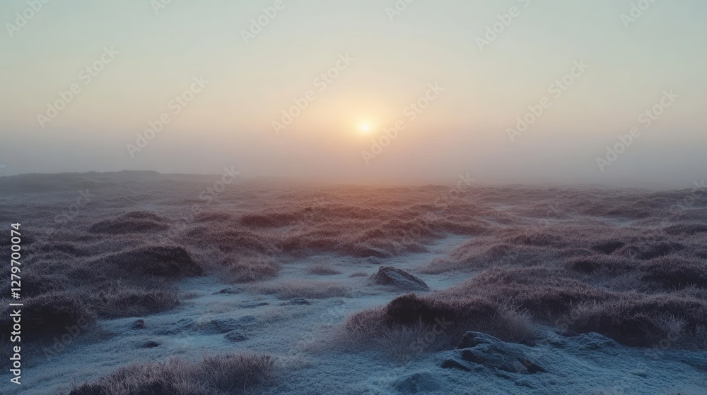 Fototapeta premium A foggy moorland landscape with soft light breaking through, minimalistic and open composition.
