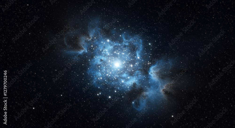 Fototapeta premium A dense star cluster glowing in shades of blue and white against a dark cosmic void