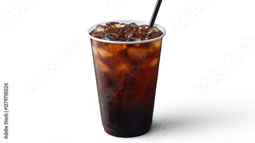 A plastic cup of iced coffee with a straw, against a white background, in high-resolution photography.