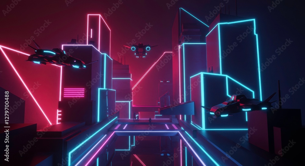 Fototapeta premium Neon Cityscape with Futuristic Vehicles: A vibrant, futuristic city comes alive with neon lights and hovering vehicles, offering a dynamic and high-tech visual experience.