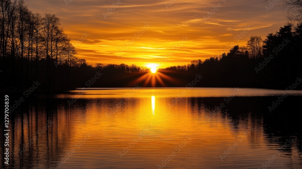 Obraz premium A glowing sunset casting warm orange hues over a still lake, perfect for copy space.