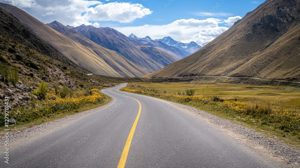 Naklejka premium A high-altitude mountain pass surrounded by steep cliffs, bright sky, and ample copy space.