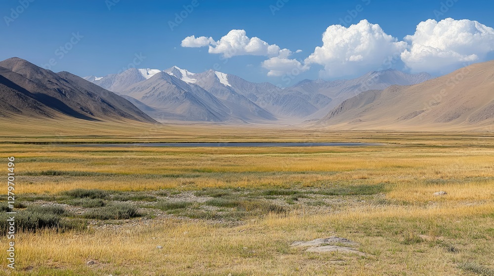 A high-altitude plateau with a stunning view of surrounding mountains, open and spacious composition. A high-altitude plateau with a stunning view of surrounding mountains, open and spacious composition.