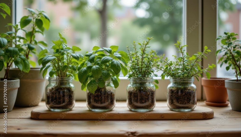 Fresh Green Herbs Growing in Glass Jars by Window with Bright Natural Light and Wooden Surface Fresh Green Herbs Growing in Glass Jars by Window with Bright Natural Light and Wooden Surface