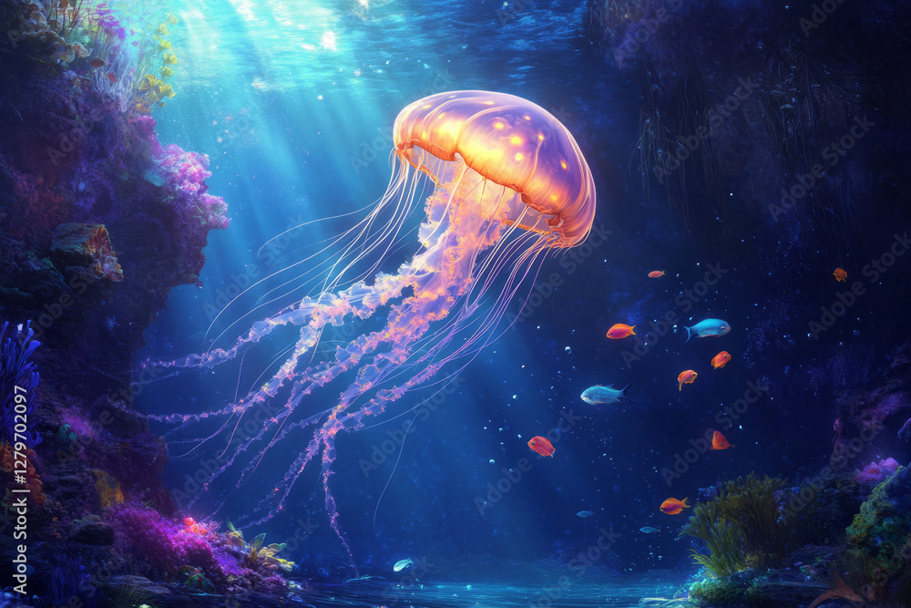 Fototapeta premium A surreal, glowing jellyfish drifting through a deep ocean scene, its long tendrils illuminated with bioluminescent colors. Tiny fish swim nearby, adding to the otherworldly beauty and serene