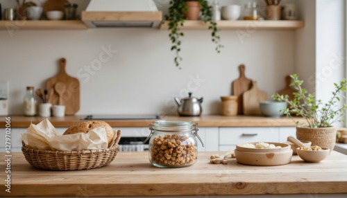 Wallpaper Mural Cozy Kitchen Scene Featuring Fresh Bread, Crunchy Granola, and Natural Decor Elements Torontodigital.ca