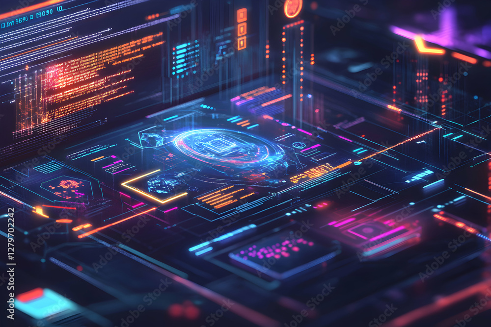 Obraz premium Futuristic Technology Interface Displaying Complex Data and Digital Information, Representing Artificial Intelligence and Advanced Computing Systems