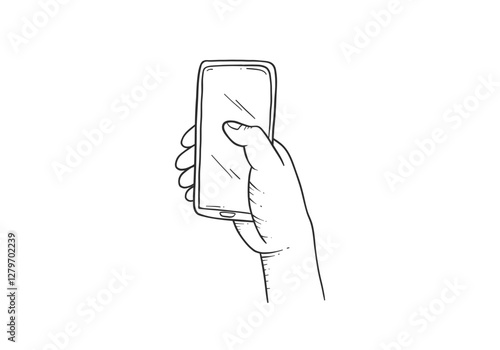 hand holding smart phone doodle hand drawing illustration line art