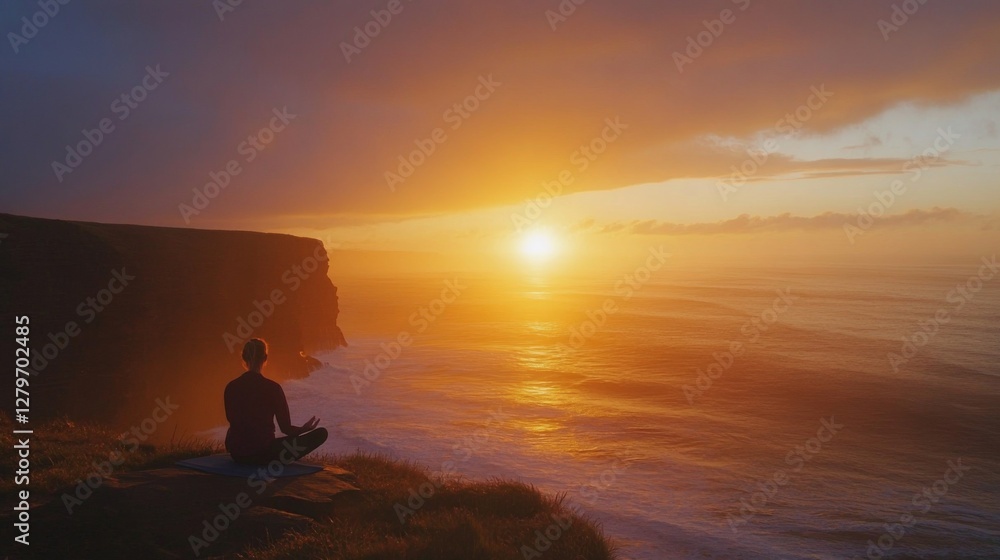 Woman meditating at sunset over cliff overlooking ocean Woman meditating at sunset over cliff overlooking ocean