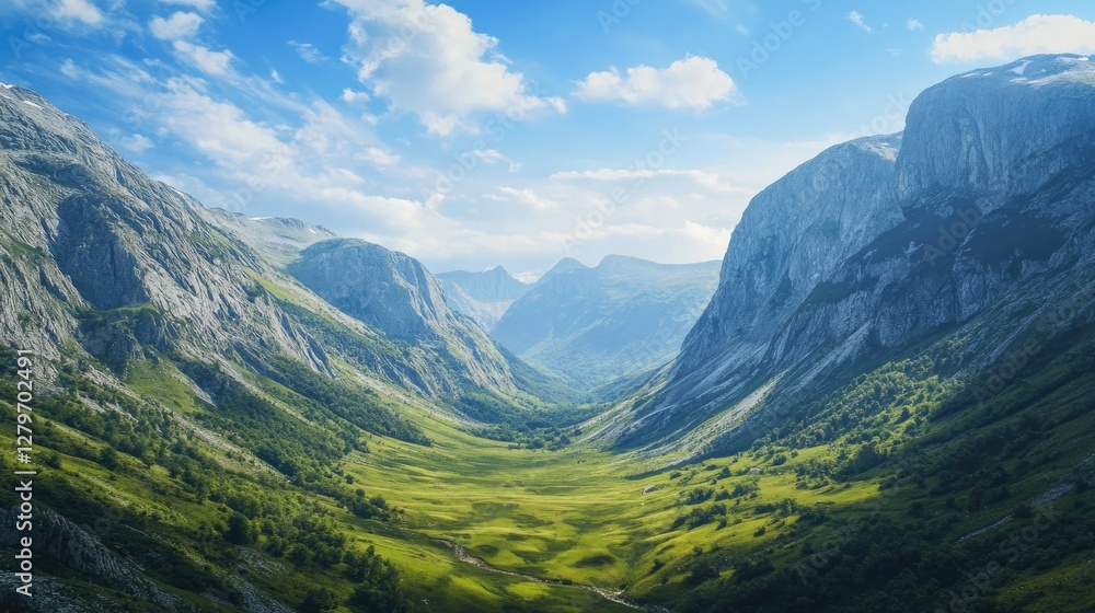 A lush green valley nestled between two towering mountain ranges, open sky providing copy space. A lush green valley nestled between two towering mountain ranges, open sky providing copy space.